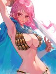  1girl absurdres arm_up armor bare_arms bare_legs bare_shoulders bikini_armor blue_cape braid braided_ponytail breasts brown_gloves cape curvy floating_hair gloves highres holding holding_sword holding_weapon kurage20001 large_breasts long_hair looking_at_viewer low_ponytail narrow_waist navel one_piece pelvic_curtain pink_hair rebecca_(one_piece) revealing_clothes shiny_skin simple_background single_braid smile solo sword upper_body weapon white_background 