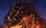  akantor claws dragon glowing glowing_eyes lava monster monster_hunter_(series) no_humans scales sharp_tail sharp_teeth signature slit_pupils spikes teeth torihasiden wyvern 