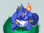  anthro armband belly blue_body charizard collar crown debudraws fire flaming_tail grass hand_on_stomach high-angle_view male nintendo open_mouth overweight overweight_anthro overweight_male plant pok&eacute;mon pok&eacute;mon_(species) solo teeth video_games 