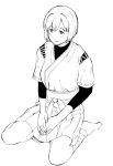  1girl bob_cut full_body hakama hakama_skirt hyuuga_(kancolle) japanese_clothes kantai_collection leg_wrap lineart monochrome parted_lips short_hair sitting skirt solo tooku_nomura_(artist) undershirt wariza 