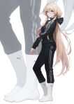  1girl absurdres alternate_costume aqua_eyes arm_grab azur_lane bismarck_(azur_lane) blonde_hair commission english_commentary full_body ghhoward grabbing_own_arm hair_ribbon highres jacket looking_at_viewer low_ponytail no_shoes pants pixiv_commission puma_(brand) ribbon simple_background socks solo sportswear standing track_jacket track_pants white_background white_socks 