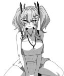  1girl azur_lane blush breasts bremerton_(azur_lane) bremerton_(scorching-hot_training)_(azur_lane) cleavage closed_mouth commentary greyscale hair_intakes looking_at_viewer medium_hair mole mole_on_breast monochrome navel official_alternate_costume onkn_sxkn simple_background sitting skirt smile solo two_side_up 