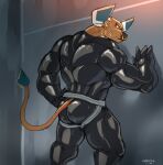2022 anthro barazoku big_muscles biped bovid bovine cattle chained_to_wall chained_up clothed clothing facial_piercing glaucablitz hi_res jockstrap jockstrap_only latex latex_clothing latex_skinsuit looking_at_viewer male mammal muscular muscular_anthro muscular_male muscular_sub nose_piercing nose_ring piercing ring_piercing skinsuit solo submissive submissive_anthro submissive_male tight_clothing topless underwear underwear_only