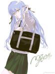  1girl absurdres bag bang_dream! bang_dream!_it&#039;s_mygo!!!!! black_bag black_ribbon blue_hair chinese_commentary closed_mouth collared_shirt commentary_request copyright_name green_necktie green_skirt hair_ribbon highres long_hair long_sleeves necktie pleated_skirt ribbon school_bag shirt shoulder_bag sidelocks simple_background skirt solo togawa_sakiko tucking_hair weibo_watermark white_background white_shirt wigfire yellow_eyes 