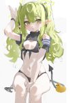 1girl absurdres alternate_hairstyle bikini black_bikini black_tail blue_archive blush breasts demon_tail feet_out_of_frame green_hair green_halo halo highres hikari_(blue_archive) long_hair looking_at_viewer navel open_mouth pointy_ears sketch small_breasts solo swimsuit tail twintails yellow_eyes yonchan 
