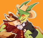  absurd_res anthro asexual_pride_colors black_clothing black_nose black_suit brown_body brown_fur canid canine canine_ears claws clothing cowboy_hat digital_media_(artwork) dragon duo embarrassed fennec_fox flygon fox fur gale_(galefoxy) generation_3_pokemon green_hair gun hair hat headgear headwear hi_res hug inner_ear_fluff lgbt_pride lgbt_pride_month looking_at_another looking_at_partner male male/male mammal moujiiz mythological_creature mythological_scalie mythology nintendo one_eye_closed orange_eyes pawpads pokemon pokemon_(species) poncho pride_colors ranged_weapon scalie simple_background smug_face suit teeth true_fox tuft weapon whiskers white_body white_fur wings wink yellow_body yellow_eyes yellow_fur 