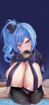  1girl absurdres azur_lane black_shrug blue_eyes breast_curtains breasts card card_in_mouth cheshire_(azur_lane) cheshire_(azur_lane)_(cosplay) cheshire_(the_cat_in_the_magic_hat)_(azur_lane) cleavage cosplay hat highres huge_breasts leotard long_ribbon looking_at_viewer meme_attire mini_hat mini_top_hat mouth_hold nontraditional_playboy_bunny official_alternate_costume playing_card reverse_bunnysuit reverse_outfit ribbon see-through see-through_leotard side_ponytail sitting smile spekkio36 st._louis_(azur_lane) thigh_strap top_hat wet 
