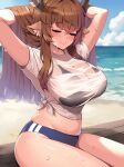  1girl animal_ear_fluff animal_ears antlers arms_behind_head beach bikini bikini_under_clothes black_bikini bloody0rabby blue_sky breasts brown_hair closed_eyes closed_mouth cloud commentary day deer_ears deer_girl diana_(trickcal) highres horns large_breasts long_hair midriff navel ocean outdoors see-through see-through_shirt shirt sitting sky solo sweat swimsuit thighs tied_shirt trickcal white_shirt 