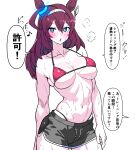  1girl abs ahoge bare_shoulders bikini black_shorts breasts brown_hair cleavage collarbone commentary_request cowboy_shot dolphin_shorts ear_ornament eighth_note hair_between_eyes hair_ornament hairclip highres large_breasts long_hair mihono_bourbon_(umamusume) muscular muscular_female musical_note navel open_mouth red_bikini shorts simple_background solo speech_bubble stomach sweat swimsuit translation_request umamusume visible_air white_background yaki_apple 