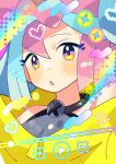  1girl :o anidler91 bare_shoulders blue_hair blush bow-shaped_hair eyelashes fast_forward_button heart highres iono_(pokemon) jacket looking_at_viewer media_player_interface multicolored_hair open_mouth pink_eyes pink_hair play_button pokemon pokemon_sv rewind_button solo two-tone_hair upper_body yellow_jacket 