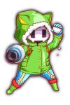  agent_joe aqua_gloves aqua_pants arm_cannon boots buttons fighting_stance fur-trimmed_boots fur-trimmed_hood fur_trim gloves gold_buttons green_footwear green_hood green_jacket green_sleeves holding holding_snowball hood hood_with_ears hooded_jacket jacket knee_boots legs_apart long_sleeves lowres mask outline pants pokemon red_fur red_outline skull_mask snowball square tachi-e weapon white_fur 