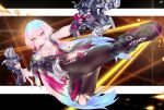  1girl alphanpurple bandages bandaid bandaid_on_face black_footwear crossbow dynamic_pose flying_kick full_body glowing glowing_eyes glowing_hair highres holding holding_weapon honkai_(series) honkai_impact_3rd kicking lantern_(honkai_impact) long_hair multicolored_eyes multicolored_hair no_panties official_alternate_costume pantyhose torn_clothes weapon 