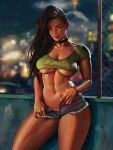  1girl abs against_railing asymmetrical_hair azuma_yasuo black_hair black_panties blurry blurry_background bracelet breasts chain-link_fence commission cornrows covered_nipples cropped_shirt dark-skinned_female dark_skin denim denim_shorts fence highres jewelry large_breasts laura_matsuda looking_at_viewer micro_shorts navel navel_piercing night nipple_piercing no_bra official_alternate_costume open_fly panties pendant_choker piercing portuguese_text railing short_shorts shorts solo street_fighter street_fighter_v toned underboob underwear 