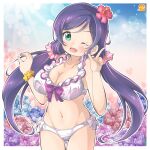  1girl ass_visible_through_thighs bikini blue_eyes breasts commentary_request flower frilled_bikini frills hair_flower hair_ornament hibiscus highres index_finger_raised large_breasts long_hair looking_at_viewer love_live! love_live!_school_idol_project low_twintails navel one_eye_closed purple_hair red_flower scrunchie side-tie_bikini_bottom smile solo swimsuit takecho thigh_gap tojo_nozomi twintails white_bikini wrist_scrunchie yellow_scrunchie 