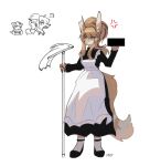  annoyed anthro apron bangs blue_eyes broom canid canine canis censor_bar cleaning_tool clothing cross-popping_vein duo facial_scar female fennec_fox footwear fox gesture hand_gesture japanese_text maid_apron maid_uniform mammal middle_finger scar shoes simple_background text true_fox uniform white_background ymsrplan 