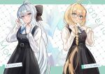  2girls absurdres aesc_(fate) aesc_(rain_witch)_(fate) ahoge aqua_eyes black_bow black_dress blonde_hair blue_eyes bow braid breasts dress fate/grand_order fate_(series) french_braid glasses grey_hair hair_bow highres klash large_breasts long_hair long_skirt long_sleeves looking_at_viewer morgan_le_fay_(fate) multiple_girls ponytail round_eyewear shirt side_ponytail sidelocks skirt smile thighs translation_request very_long_hair white_shirt 
