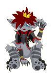  anthro blue_eyes claws clothing collar crown cute_fangs deishun_(species) ears_down fur grey_body grey_fur hair headgear kingdom_hearts kingdom_hearts_3 male monster monster_sora_(character) paws pivoted_ears red_hair smile solo sora_(kingdom_hearts) spines square_enix zarjhan_mary 