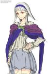  1girl cape dress gensou_suikoden gensou_suikoden_ii gensou_suikogaiden gofelem hairband jewelry long_hair looking_at_viewer red_eyes sierra_mikain silver_hair simple_background sketch skirt solo white_background 