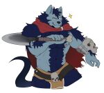  2023 anthro arc_the_lad arc_the_lad:_twilight_of_the_spirits armor axe blue_body blue_fur body_hair bone bottomwear canid canine canis cape chest_tuft claws clothing digital_media_(artwork) fur gauntlets gloves half-length_portrait handwear hi_res holding_object holding_weapon huskero loincloth male mammal melee_weapon muscular muscular_male nipples pecs portrait scar simple_background solo sony_corporation sony_interactive_entertainment tail tuft volk_(arc_the_lad) weapon wolf 