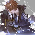  1boy 1girl 40880239 aged_up alternate_costume alternate_hairstyle black_cape black_hair black_necktie black_suit brown_hair cape chrome_dokuro closed_eyes collared_shirt commentary_request flower hetero high_collar highres holding_hands katekyo_hitman_reborn! kiss long_hair long_sleeves necktie petals sawada_tsunayoshi shirt sitting suit white_flower white_shirt x_gloves_(reborn) 