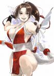  1girl ahn_dongshik armpits bare_shoulders breasts brown_eyes brown_hair cleavage fatal_fury folding_fan hair_ornament hair_tie hand_fan highres holding holding_fan japanese_clothes large_breasts lips long_hair ninja pelvic_curtain shiranui_mai signature simple_background smile solo teeth the_king_of_fighters thighs 