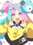  1girl :d absurdres bare_shoulders blue_hair blush bow-shaped_hair character_hair_ornament eyelashes hair_ornament highres iono_(pokemon) jacket long_hair long_sleeves looking_at_viewer multicolored_hair open_mouth pink_eyes pink_hair pokemon pokemon_sv sharp_teeth sleeves_past_fingers sleeves_past_wrists smile solo teeth twintails two-tone_hair upper_body upper_teeth_only very_long_hair yellow_jacket zungurimukkuri_tarou 