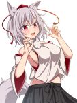  1girl :d animal_ear_fluff animal_ears black_skirt blush breasts claw_pose commentary cowboy_shot detached_sleeves fang grey_hair grey_shirt grey_sleeves grey_tail hair_between_eyes hands_up hat highres inubashiri_momiji large_breasts looking_at_viewer midriff_peek open_mouth pom_pom_(clothes) red_eyes rimasu71 shirt short_hair sideboob simple_background skirt sleeveless sleeveless_shirt smile solo split_mouth standing tail tokin_hat touhou turtleneck turtleneck_shirt white_background wide_sleeves 