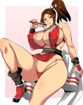  1girl arm_guards bare_shoulders blush breasts brown_eyes brown_hair cleavage covered_nipples fatal_fury folded_fan folding_fan hand_fan high_ponytail highres holding holding_fan japanese_clothes large_breasts long_hair looking_at_viewer musashino_sekai ninja pelvic_curtain ponytail revealing_clothes rope shiranui_mai sideboob smile snk solo the_king_of_fighters thighs 
