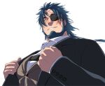  1boy adjusting_clothes bara beard closed_eyes eyepatch facial_hair facing_viewer full_beard highres kansuke_(kansuke_717) large_pectorals live_a_hero male_focus mature_male mismatched_eyebrows muscular muscular_male pectorals scar scar_across_eye shidemasu_(live_a_hero) smile solo suit thick_beard thick_eyebrows upper_body 