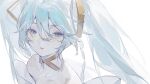  1girl aqua_hair bare_shoulders blue_eyes blush detached_collar grey_hair guguzi hair_between_eyes hair_ornament half-closed_eyes hashtag-only_commentary hatsune_miku long_hair looking_at_viewer parted_lips portrait simple_background solo twintails vocaloid white_background 