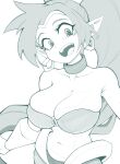  1girl absurdres bare_shoulders breasts choker collarbone diloon_(ghost_man) earrings highres jewelry large_breasts long_hair looking_at_viewer midriff monochrome navel o-ring o-ring_top open_mouth pointy_ears ponytail shantae shantae_(series) simple_background smile stomach teeth tiara upper_body vambraces white_background 