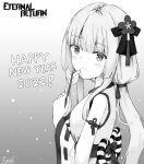  1girl 2022 absurdres arrow_(projectile) black_survival blush breasts detached_sleeves eternal_return:_black_survival eyebrows_visible_through_hair greyscale hakama happy_new_year highres japanese_clothes kimono long_hair looking_at_viewer looking_to_the_side medium_breasts miko minami_rio monochrome natie new_year obi official_alternate_costume rope sash shimenawa solo upper_body white_hair 