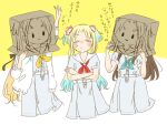  3girls :&gt; =_= anyoji_hime aqua_neckerchief black_ribbon blonde_hair blue_hair box box_on_head brown_hair cardboard_box closed_eyes closed_mouth commentary_request cropped_legs crossed_arms dress flower fujishima_megumi gradient_hair hair_flower hair_ornament hair_ribbon hasu_no_sora_school_uniform jacket kase_(ks_lys) light_blue_hair link!_like!_love_live! long_hair love_live! medium_dress mira-cra_park! multicolored_hair multiple_girls neckerchief open_clothes open_jacket osawa_rurino parted_bangs pink_flower pink_hair pleated_dress ponytail red_neckerchief ribbon sailor_collar sailor_dress school_uniform short_sleeves summer_uniform translation_request twintails two-tone_background very_long_hair virtual_youtuber white_background white_dress white_flower white_jacket white_sailor_collar yellow_background yellow_neckerchief 