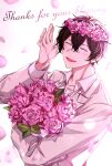  1boy absurdres black_hair blurry blush bokeh bouquet closed_eyes collared_shirt depth_of_field english_text flower flower_on_head given highres holding holding_bouquet light_particles long_sleeves male_focus murata_ugetsu open_mouth petals pink_flower pink_rose pink_theme pinoli_(pinoli66) rose rose_petals shirt smile solo upper_body white_background white_shirt 