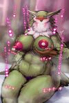 absurd_res anthro areola avian beak big_breasts bird blush bodily_fluids breast_grab breasts clothed clothing eyewear female fur glasses green_body hand_on_breast hi_res japanese_text kanakakia lactating milk nipples owl panties purple_clothing ramona_(unicorn_overlord) solo text thick_thighs underwear unicorn_overlord vanillaware