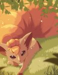  ambiguous_gender big_tail brown_body brown_fur detailed_background feral fluffy fluffy_tail fur generation_1_pokemon grass hi_res inner_ear_fluff looking_at_viewer lying nintendo on_front on_ground plant pokemon pokemon_(species) quadruped rumine shrub solo tail tuft vulpix 
