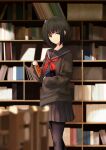  1girl absurdres amemori_sayo black_hair black_legwear black_serafuku black_skirt blurry blurry_foreground book bookshelf chair closed_mouth collarbone film_grain grey_eyes hair_ornament highres holding holding_book indoors kushinaka light_rays nijisanji pantyhose red_neckwear school_uniform serafuku short_hair skirt sleeves_past_wrists smile solo standing table 