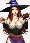 1girl bare_shoulders blush breasts brown_eyes brown_hair cleavage detached_sleeves dragon&#039;s_crown dress food hat holding holding_plate kahadu_(kawazu) large_breasts long_hair looking_at_viewer meat open_mouth pastry plate simple_background solo sorceress_(dragon&#039;s_crown) upper_body white_background witch_hat 