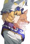  1girl animal_ear_fluff animal_ears blonde_hair breasts closed_mouth dress expressionless fox frills from_side green_eyes hair_between_eyes hat highres large_breasts long_sleeves mob_cap onionmay profile puffy_sleeves shirt short_hair simple_background solo tabard tassel touhou upper_body whiskers white_background white_dress white_shirt yakumo_ran yellow_eyes 