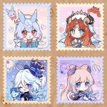  &gt;_o 4girls :d ;d ahoge ameoto_00 animal_ears aqua_eyes aqua_shirt artist_name ascot blue_ascot blue_background blue_border blue_bow blue_eyes blue_hair blue_hat blue_jacket blunt_bangs blush border bow bow-shaped_hair bowtie brooch brown_background bubble cake cake_slice cherry chibi circlet closed_mouth commentary crop_top curled_horns detached_collar detached_sleeves double-parted_bangs drop-shaped_pupils english_commentary eyelashes fake_horns fish food frilled_sleeves frills fruit furina_(genshin_impact) genshin_impact gloves gradient_background gradient_hair hair_between_eyes hair_intakes hair_ornament half_gloves hand_up hands_up harem_outfit hat hat_bow heart highres holding horns jacket jellyfish jewelry light_smile long_hair long_sleeves looking_at_viewer low_twintails medium_hair multicolored_hair multiple_girls nilou_(genshin_impact) nurse_cap one_eye_closed open_mouth parted_bangs pink_background pink_hair pom_pom_(clothes) pom_pom_hair_ornament postage_stamp puffy_detached_sleeves puffy_long_sleeves puffy_sleeves purple_background purple_eyes purple_hair rabbit red_bow red_bowtie red_eyes red_hair sangonomiya_kokomi seashell shell shirt short_eyebrows short_twintails sidelocks sigewinne_(genshin_impact) simple_background sleeveless sleeveless_shirt smile sparkle stamp_mark streaked_hair surintendante_chevalmarin swept_bangs symbol-shaped_pupils tail tilted_headwear top_hat twintails twitter_username upper_body veil very_long_hair white_gloves white_hair white_hat white_shirt white_sleeves white_veil yellow_background 