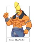  2023 abs anthro avian beak biceps big_muscles big_pecs brown_eyebrows bulge clothed clothing crown deity digital_media_(artwork) egyptian_mythology english_text eyebrows hair headgear hi_res horus horus_(the_cluefinders) looking_at_viewer male meme middle_eastern_mythology muscular muscular_anthro muscular_male mythology nipples open_mouth orange_body pecs raised_arm shendyt six_fanarts_challenge smile solo text the_cluefinders unrealrui 