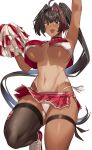  1girl ahoge arm_up armpits bandaid bandaid_on_arm bandaid_on_hip bandaid_on_stomach bandaid_on_thigh bare_shoulders bay_(nikke) black_collar black_hair breasts brown_eyes cheerleader collar commentary_request crop_top cropped_shirt dark-skinned_female dark_skin fang goddess_of_victory:_nikke groin hai_ookami hair_between_eyes hair_intakes highleg highleg_panties highres holding holding_pom_poms large_breasts lock long_hair looking_at_viewer miniskirt mole mole_on_stomach mole_under_mouth multicolored_hair navel one-piece_tan open_mouth padlock padlocked_collar panties partial_commentary pleated_skirt pom_pom_(cheerleading) ponytail red_shirt red_skirt shirt shoes side-tie_panties sidelocks simple_background single_thighhigh skindentation skirt sleeveless sleeveless_shirt sneakers solo spiked_collar spikes standing standing_on_one_leg star_sticker sticker_on_face stomach streaked_hair sweat tan tanlines thigh_strap thighhighs torn_clothes torn_thighhighs underboob underwear white_background white_footwear white_panties 