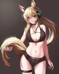  1girl absurdres animal_ear_fluff animal_ears arknights bangs bare_arms bare_shoulders black_bra black_choker black_panties blonde_hair blush bra breasts brown_background choker chun_bae cleavage closed_mouth collarbone commentary cowboy_shot english_commentary eyebrows_behind_hair headset highres holding_tail horse_ears horse_girl horse_tail large_breasts long_hair looking_at_viewer navel nearl_(arknights) orange_eyes panties simple_background solo stomach tail thigh_strap underwear underwear_only v-shaped_eyebrows very_long_hair 