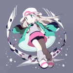  1girl absurdres bike_shorts black_wristband blonde_hair closed_mouth coat commentary_request green_coat grey_background grey_shirt grey_socks hat highres holding holding_poke_ball leaf_(pokemon) long_hair looking_to_the_side milkpeachi pink_skirt poke_ball poke_ball_(basic) pokemon pokemon_frlg shirt shoes skirt sleeveless sleeveless_shirt smile socks solo white_footwear white_hat 
