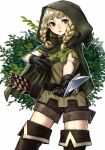  1girl arrow_(projectile) blonde_hair blush boots braid cloak dagger dragon&#039;s_crown elf_(dragon&#039;s_crown) gloves green_eyes holding holding_dagger holding_knife holding_weapon hood hooded_cloak kahadu_(kawazu) knife looking_at_viewer parted_lips quiver shorts simple_background solo thigh_boots twin_braids weapon white_background 