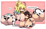 all_fours animal_humanoid animal_print animal_print_bikini big_breasts big_butt bikini black_hair blonde_hair blue_hair blush bodily_fluids bovid bovid_humanoid bovine bovine_humanoid breast_smother breast_squish breasts butt cattle_humanoid clothing cow_print cow_print_bikini cow_print_thigh_highs cowbell curvy_figure dragon dragon_humanoid duo english_text eyes_closed female female/female gradient_hair green_hair guinea_(interspecies_reviewers) hair hi_res horn huge_breasts huge_butt humanoid humanoid_pointy_ears interspecies_reviewers lactating long_hair mammal mammal_humanoid milk miss_kobayashi&#039;s_dragon_maid mythological_creature mythological_scalie mythology nipples pattern_bikini pattern_clothing pattern_swimwear pink_background ponytail quetzalcoatl_(dragon_maid) scalie short_hair simple_background skindentation smothering squish standing swimwear text theyeager thick_thighs transformation voluptuous wide_hips