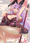  1girl animal_ears armpits bare_shoulders blush breasts cleavage closed_mouth fishnet_thighhighs fishnets highres holding holding_weapon japanese_clothes kimono large_breasts long_hair playboy_bunny polearm purple_hair rabbit_ears red_eyes ribbon sengoku_bushouki_muramasa shinjitsu_(true_ride) smile solo spear thighhighs thighs toudou_takatora_(sengoku_bushouki_muramasa) weapon 
