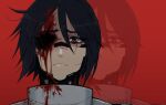  1girl android black_hair bleeding blood blood_in_hair blood_on_face blue_eyes elster_(signalis) frown highres hollow_eyes injury jsq012 looking_at_viewer metal_skin missing_eye portrait red_background red_pupils sad short_hair signalis simple_background solo straight-on twitter_username zoom_layer 