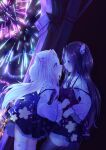  2girls 54hao aerial_fireworks bangs bare_tree black_hair black_legwear blue_dress blush dress eye_contact fireworks floral_print highres long_hair long_sleeves looking_at_another multiple_girls night night_sky original outdoors parted_bangs parted_lips print_dress profile purple_dress shirt siblings sisters sky sleeveless sleeveless_dress thighhighs tree twins two_side_up very_long_hair white_hair white_legwear white_shirt wide_sleeves wing_hair_ornament yuri 