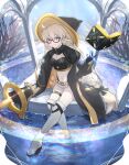  1girl aesc_(9th_anniversary)_(fate) aesc_(fate) aimii_mii belt blonde_hair blue_eyes book braid braided_twintails breasts cleavage crop_top fate/grand_order fate_(series) floating floating_book floating_object glasses gold_belt hat highleg highleg_panties long_hair long_sleeves looking_at_viewer low_twin_braids medium_breasts micro_shorts navel official_alternate_costume orange_belt panties red-framed_eyewear shorts sitting smile solo staff twin_braids underwear white_shorts wide_brim witch_hat 